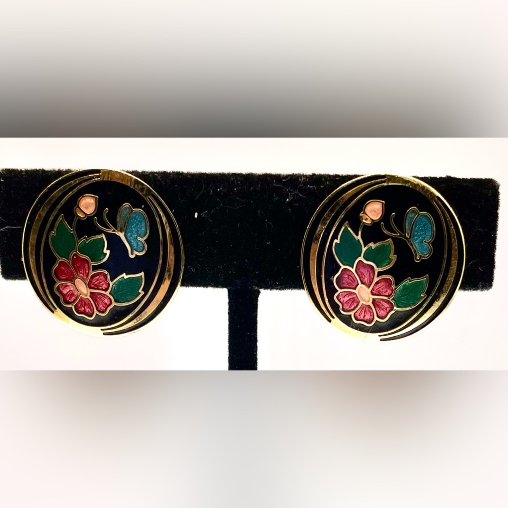 3 for $30 VTG 1980s Cloisonne Red Black Floral Flower Butterfly Clip On Earrings - Picture 7 of 7